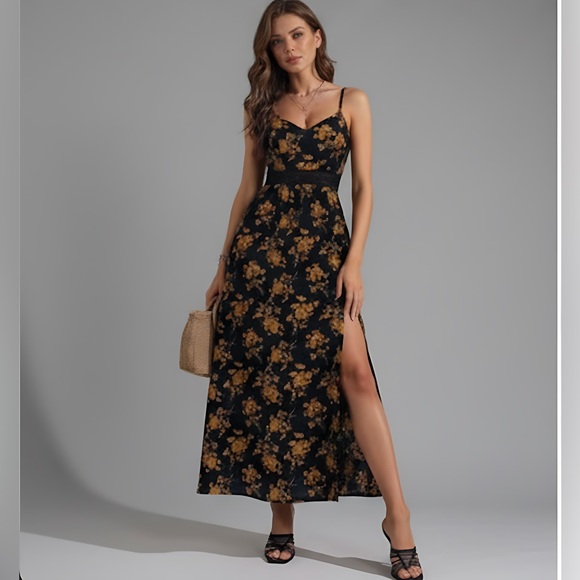 By Design Dresses & Skirts - Black Boho Floral Print Split Thigh Cami Dress